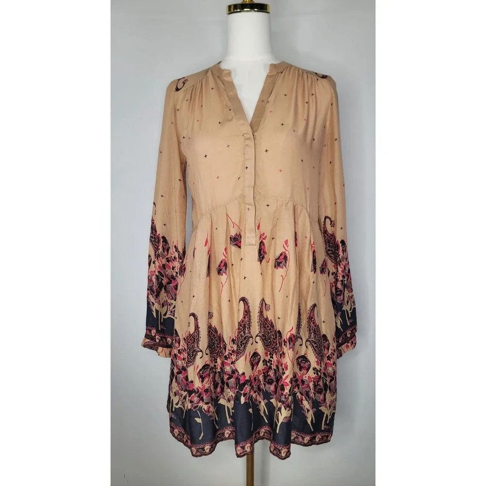 Free People Boho Mini Dress Small Paisley Floral Peasant‎ Tunic Pockets